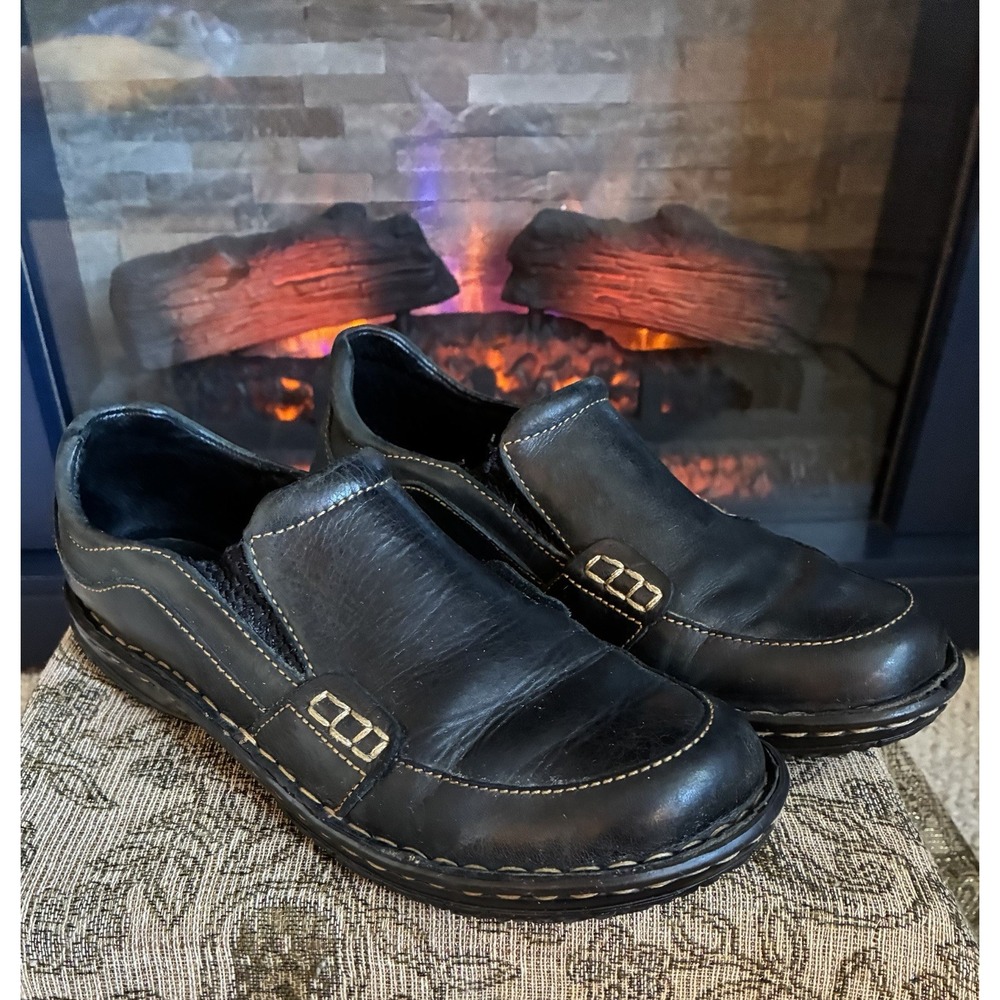 Børn Women's Black Leather Slip-On Loafers Round Toe Contrast Stitch US 8